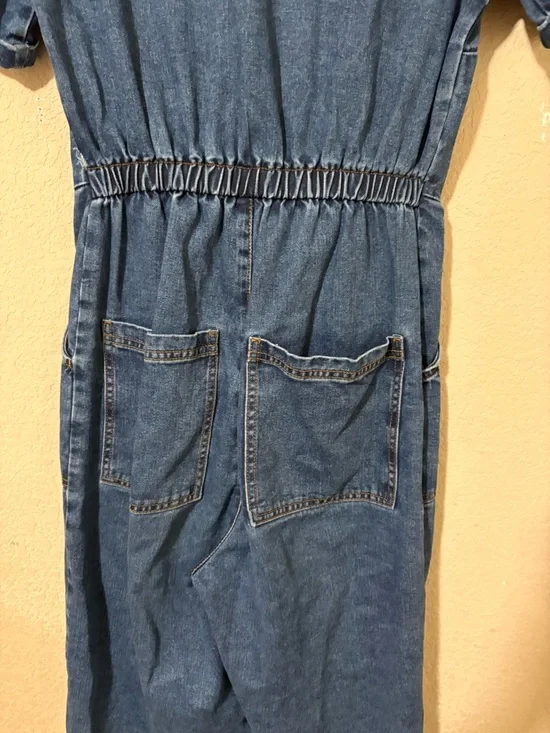 Lucy & Yak Ragan Blue Cotton Denim Short-Sleeve Wide-Leg Zip Up Jumpsuit Side 4 - Picture 10 of 16
